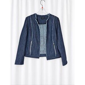 DREW Navy Blue Metallic Tweed Frayed Seams Zip Pockets Open Front Classic Jacket